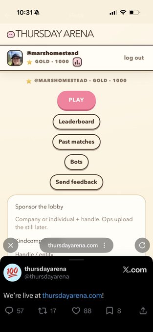 A screenshot of the Thursday Arena website showing a 'PLAY' button and menu options like Leaderboard and Past matches for user @marshhomestead, with a tweet from @thursdayarena below stating 'We're live at thursdayarena.com!'.