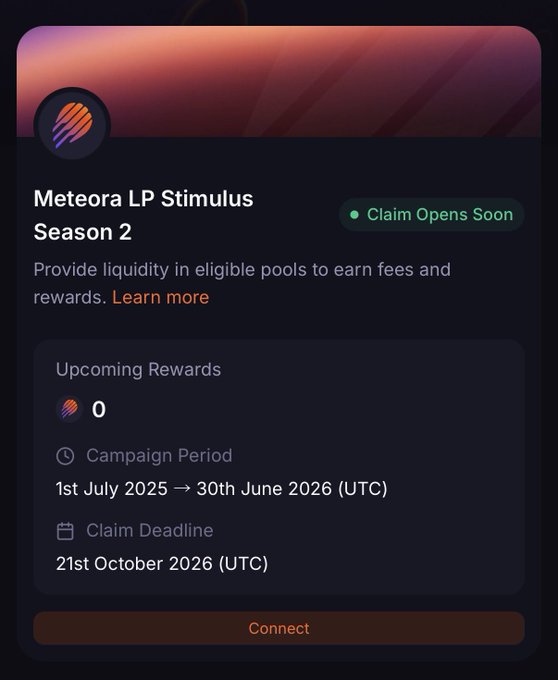 Meteora LP Stimulus Season 2 promotional card indicating 'Claim Opens Soon' with a campaign period from 1st July 2025 to 30th June 2026 and claim deadline of 21st October 2026.
