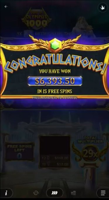 The image displays a slot machine "Congratulations!" screen showing a win of $6,393.50 in free spins from the "Power of Olympus 1000" game with a 29x total multiplier, which is being used as proof of winnings for a "$100 SOL GIVEAWAY" promotion requiring participants to drop their UID.