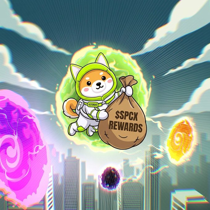 A cute cartoon Shiba Inu astronaut wearing an "$ASTEROID" suit flies through the sky carrying a sack labeled "SSPCK REWARDS," surrounded by glowing cosmic portals and a city skyline—visually representing the $140,000 worth of $SPCX rewards paid out across 22,301 payouts.