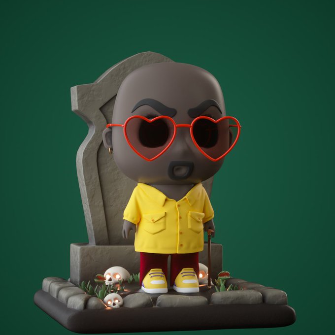 A 3D-rendered Funko Pop-style figure of a bald character wearing red heart-shaped sunglasses, a yellow shirt, and red pants, standing in front of a tombstone with skulls at the base.