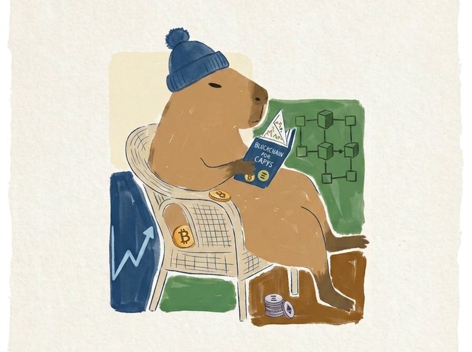 An illustration of a capybara wearing a blue beanie, sitting in a chair and reading 'The Blockchain News CAPS' with Bitcoin symbols and a rising chart in the background.