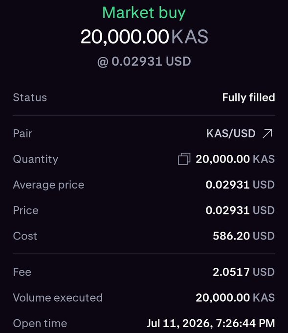 Cryptocurrency order confirmation showing a 'Market buy' of 20,000.00 KAS at 0.02931 USD, fully filled, with a total cost of 586.20 USD and fee of 2.0517 USD, dated Jul 11, 2026.