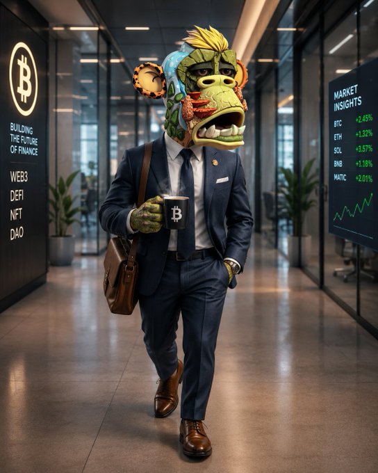 A surreal image of a person in a business suit wearing a green, monstrous Bored Ape-style mask, holding a coffee mug in an office hallway with a screen displaying 'MARKET INSIGHTS' for BTC, ETH, SOL, BNB, and MATIC.