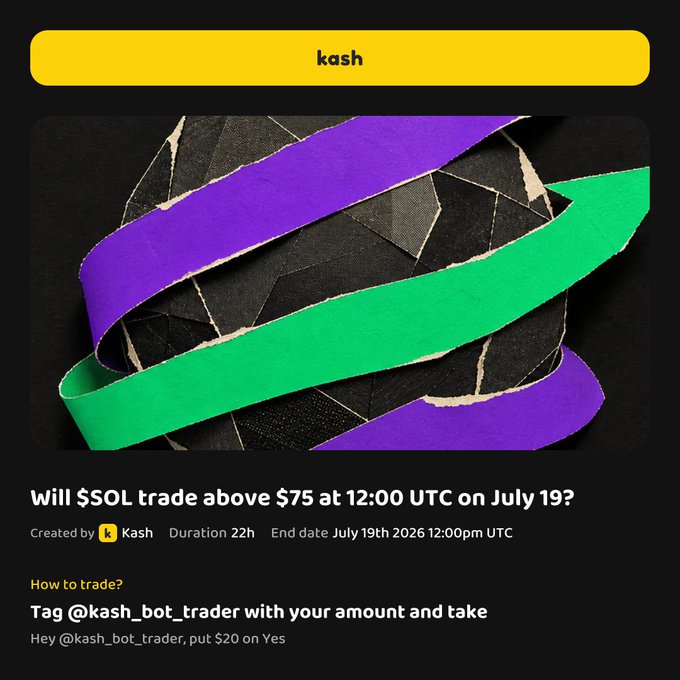 Kash prediction market asking 'Will $SOL trade above $75 at 12:00 UTC on July 19?' with a duration of 22h ending July 19th 2026 12:00pm UTC.