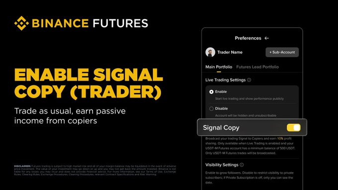 A Binance Futures promotional graphic titled "ENABLE SIGNAL COPY (TRADER)" inviting traders to "Trade as usual, earn passive income from copiers," alongside a screenshot of the Preferences panel showing the Signal Copy toggle switched on, with details promising up to 30% profit sharing and 10% fee rebates on copiers' trading activity for USDT-M Futures accounts with a minimum 100 USDT balance.
