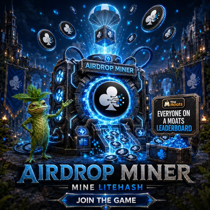 A fantasy-style crypto game promotional graphic titled "AIRDROP MINER - MINE LITEHASH" featuring a green goblin, a glowing machine, and text reading "EVERYONE ON A MOATS LEADERBOARD" with a "JOIN THE GAME" button.