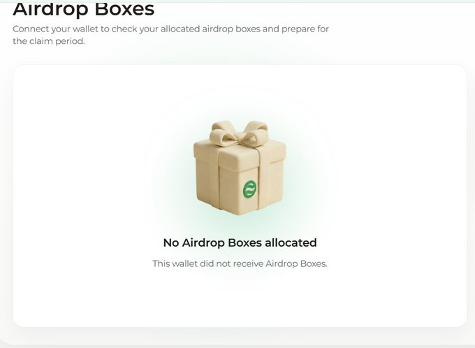 A webpage titled 'Airdrop Boxes' instructs users to connect their wallet, displaying a 3D rendered gift box with a bow and text stating 'No Airdrop Boxes allocated. This wallet did not receive Airdrop Boxes.'