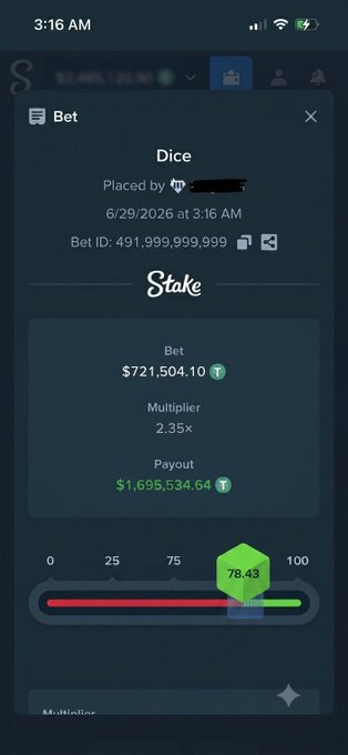A screenshot of a Stake.com Dice bet shows a wager of $721,504.10 with a 2.35x multiplier and a winning payout of $1,695,534.64 at 78.43, visually confirming the post's claim of a $1.69M Dice win on Stake.