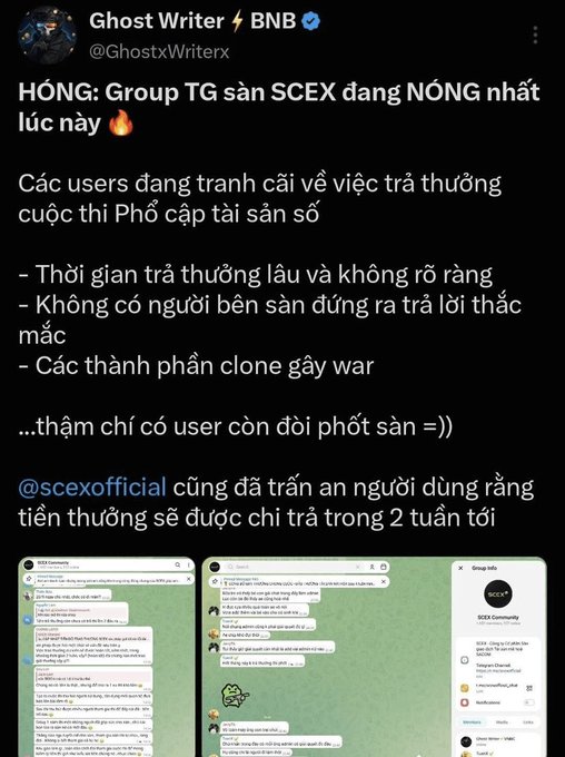 A tweet in Vietnamese from @GhostxWriterx discussing controversy around the SCEX exchange's Telegram group regarding reward distribution delays and user complaints.