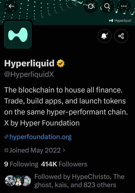 The image shows the X (formerly Twitter) profile page for Hyperliquid (@HyperliquidX), a verified blockchain platform with 414K followers that describes itself as "The blockchain to house all finance," run by Hyper Foundation since May 2022. The caption "Proof of Hyperliquid - I have 800 mutuals with Hyperliquid, who can beat this?" ties into the screenshot by serving as visual evidence of the account's large following and prominence in the crypto space, highlighting the user's connection to a major blockchain project.