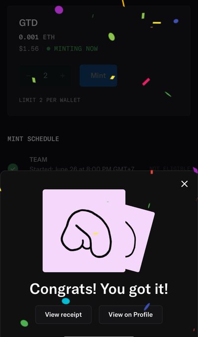 A confirmation modal reading "Congrats! You got it!" with options to "View receipt" and "View on Profile" overlays an NFT minting screen for "GTD" priced at 0.001 ETH ($1.56), confirming the successful mint of a MansChads NFT.