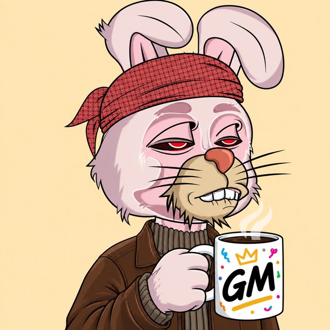 A cartoon illustration of a tired-looking pink rabbit wearing a red bandana and brown jacket, holding a steaming coffee mug that says 'GM' with a crown on it.
