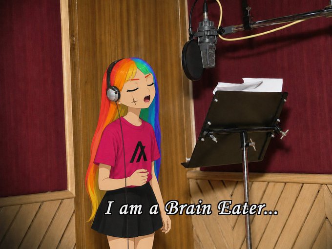 urn of water, a black microphone stand, and a music sheet are present in the recording studio, with a cartoon girl singing into a microphone.