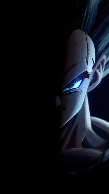 A dramatic close-up portrait of a character with spiky blue hair, pale skin, and glowing blue eyes emerging from darkness.