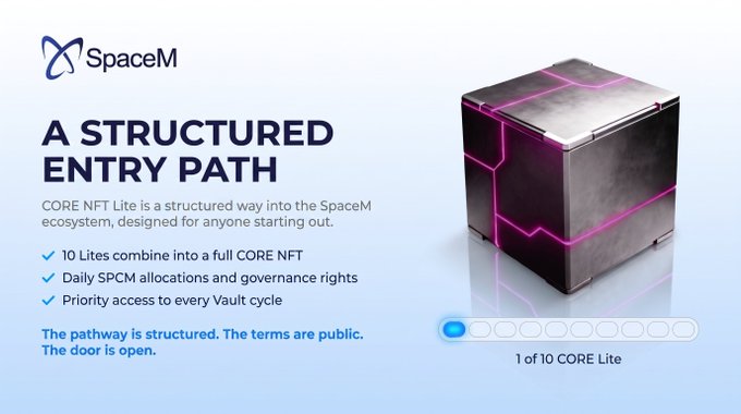 A promotional graphic for SpaceM titled 'A STRUCTURED ENTRY PATH' describing the CORE NFT Lite program, noting that 10 Lites combine into a full CORE NFT with daily SPCM allocations, governance rights, and priority access to every Vault cycle.