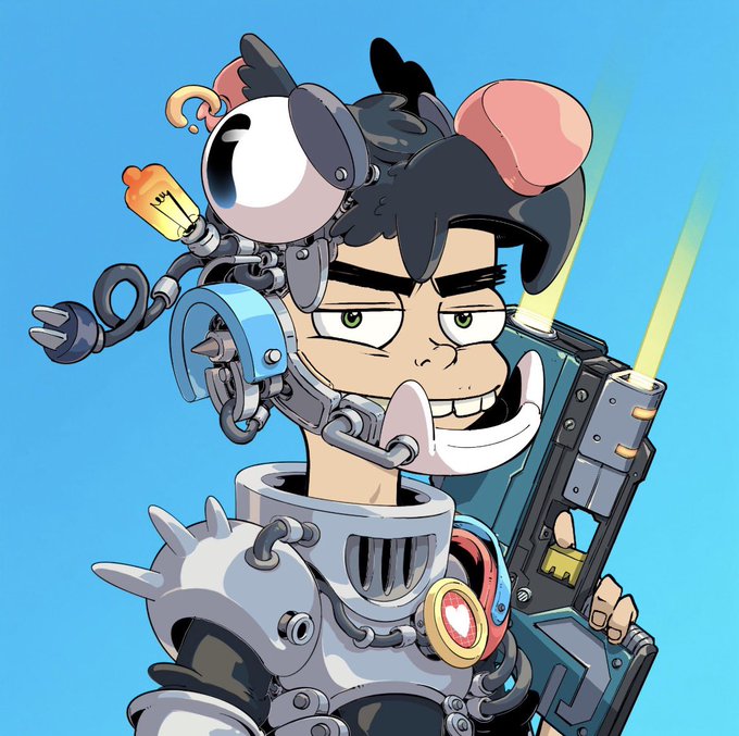 A cartoon-style illustration shows a character featuring a large mechanical eye apparatus and a robotic mouse attachment, wearing medieval-style armor and holding a futuristic sci-fi weapon.