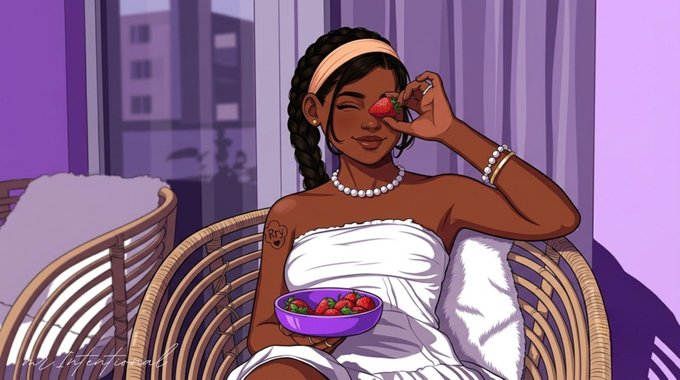 A digital illustration of a dark-skinned woman with braided hair wrapped in a white towel, sitting in a wicker chair and holding a bowl of strawberries while holding one near her face.