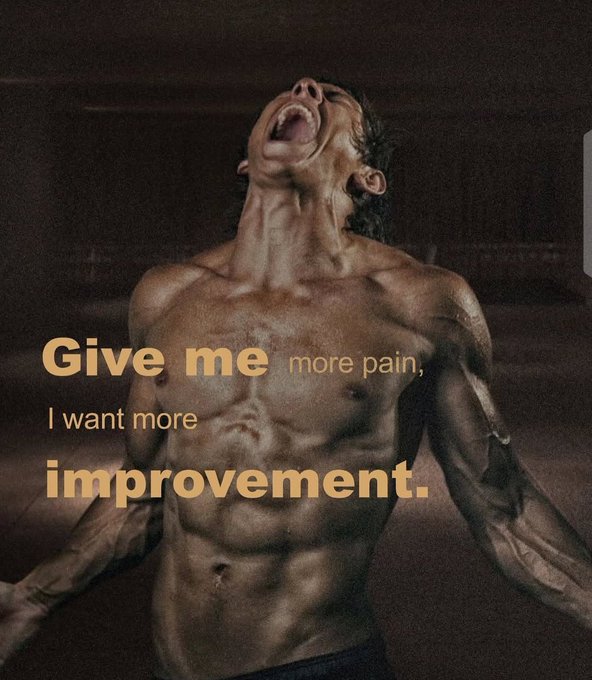 A muscular man with his head thrown back in a scream, overlaid with the gold text: 'Give me more pain, I want more improvement.'