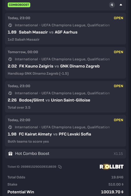 A betting slip from Rollbit showing a 5-leg Combo Boost parlay on UEFA Champions League Qualification matches (Sabah Masazir vs AGF Aarhus, FK Kauno Zalgiris vs GNK Dinamo Zagreb, Bodoe/Glimt vs Union Saint-Gilloise, and FC Kairat Almaty vs PFC Levski Sofia) with total odds of 19.646, a $510 stake, and a potential win of $10,019.70. The image supports the post's offer to give $1,000 to someone who likes and retweets if the parlay wins.