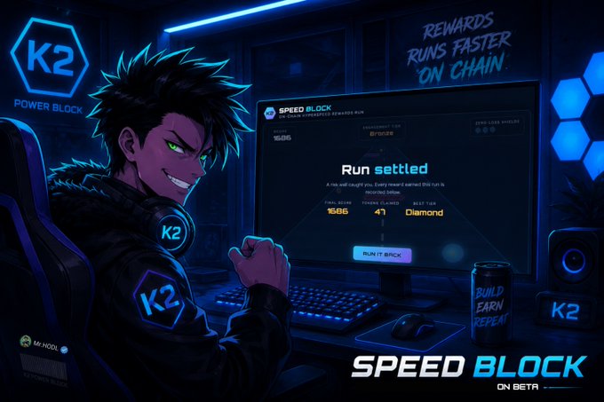 A promotional digital illustration for 'SPEED BLOCK' (on beta), featuring an anime-style gamer character with a glowing 'K2' badge next to a computer screen showing 'Run settled' gameplay.