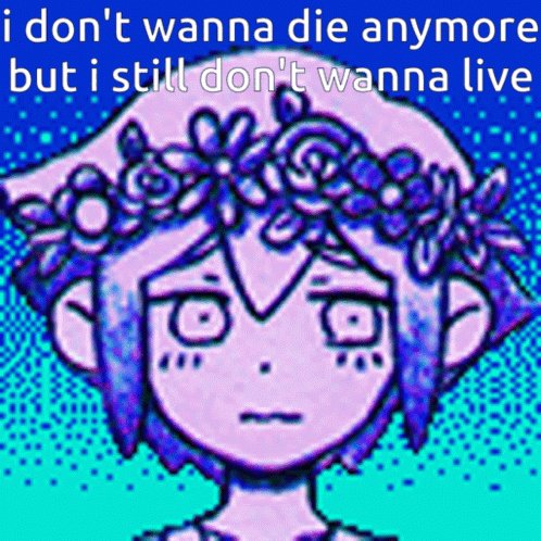 The image features a cartoon girl with a flower wreath on her head, wearing a purple dress. The caption of the image reads "I don't want to die anymore but I still don't want to live", which seems to be related to the post about the girl in the image.