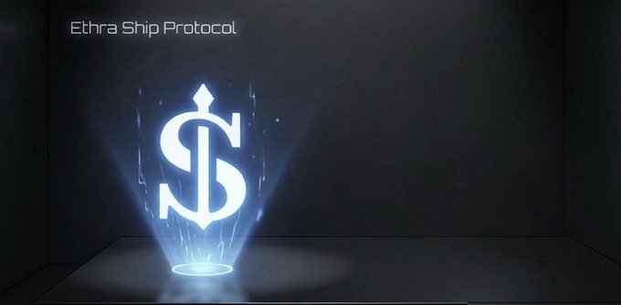 A dark digital display shows 'Ethra Ship Protocol' with a glowing blue anchor and dollar sign logo projected in a futuristic room.
