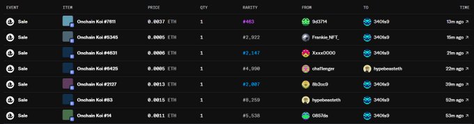 Dark-themed NFT sales activity table listing multiple 'Onchain Kai' items sold in ETH, including details such as price, quantity, rarity, wallet addresses (e.g., #483 to 0x43714), and timestamps from minutes to hours ago.