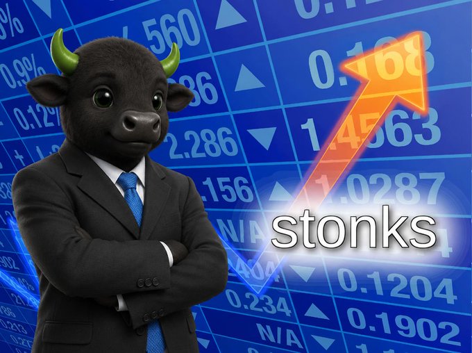 A bull mascot in a business suit stands confidently in front of a stock chart with an upward orange arrow and the text "stonks" displayed against a backdrop of numerical data. The image humorously relates to the post's theme of enthusiastically spreading the word about the ticker $ANSEM in casual settings, embodying the "to the moon" bullish meme culture.