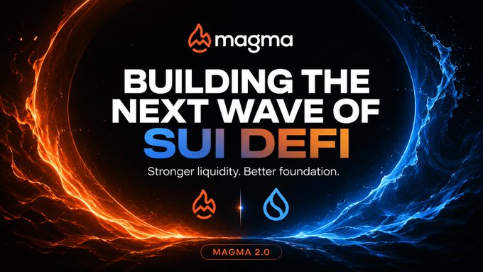 A promotional graphic featuring the 'magma' logo at the top, with bold text reading 'BUILDING THE NEXT WAVE OF SUI DEFI' and a tagline 'Stronger liquidity. Better foundation.', showcasing both the Magma and Sui logos above a 'MAGMA 2.0' button against a fiery cosmic background.
