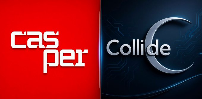 A split-screen graphic showing the logos for 'cas per' (in white text on a red background) and 'Collide' (in silver text with a large 'C' on a dark blue tech-patterned background).