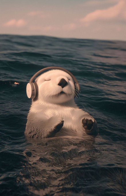An adorable sea otter floating on its back in the ocean with its eyes closed, wearing headphones and appearing to enjoy music.