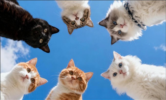 Six cats of various colors (black, tabby, and orange/white) look up at the camera from below against a bright blue sky with scattered clouds.