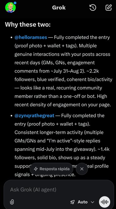 A Grok AI conversation screenshot explaining why two Twitter users (@helloramses and @zyngrathegreat) were selected, detailing their follower counts and engagement metrics.