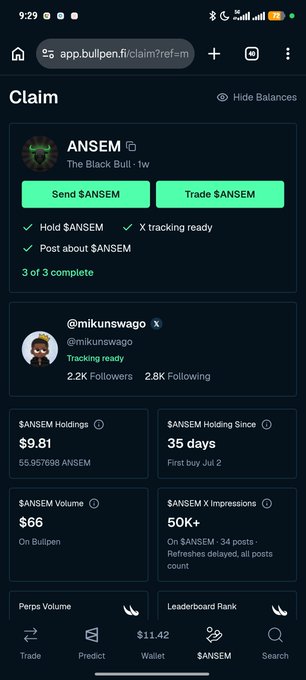 Screenshot of a Bullpen claim page for $ANSEM token showing holdings of $9.81 (55.96 ANSEM) and stats for @mikunswago.