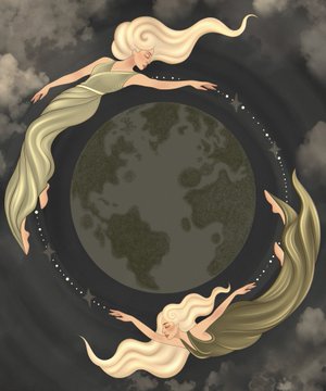 Two ethereal figures with flowing hair orbit a verdant Earth, their graceful forms encircling the planet in a protective embrace. The imagery visually echoes the post's message of returning to the earth and the self, presenting humanity's cyclical reunion with both the natural world and inner consciousness.
