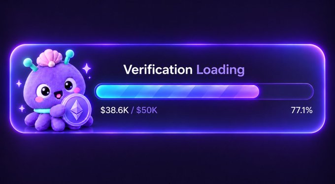 The image shows a glowing purple progress bar labeled "Verification Loading," featuring a cute purple octopus-like mascot holding an Ethereum coin. The progress indicator reads "$38.6K / $50K" on the left and "77.1%" on the right, with the bar roughly three-quarters filled in a gradient of blue and pink. This visual aligns with the post's message of hitting 85% by Monday and 100% by Tuesday, suggesting an ongoing fundraising or token verification milestone that is nearing completion.