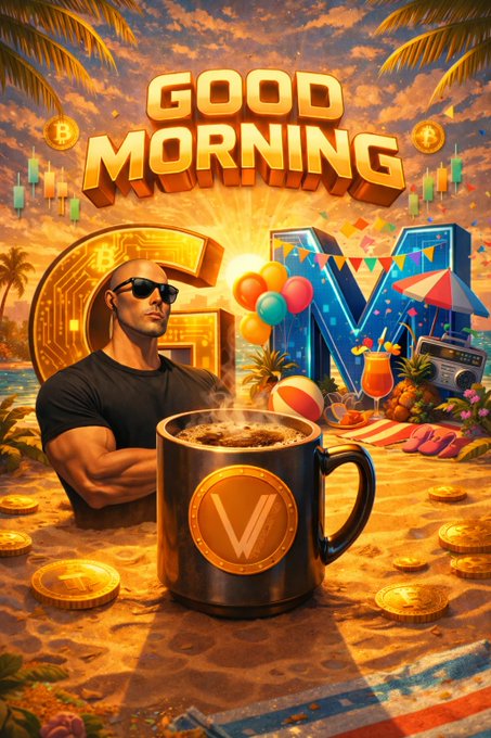 A vibrant "GOOD MORNING GM" beach scene featuring a muscular figure in sunglasses beside a steaming coffee mug with a "V" logo, surrounded by Bitcoin coins, candles, balloons, and tropical decor under a sunset sky.

The image captures the upbeat crypto community spirit of the post, with Bitcoin coins and green candles referencing the "trenches" and bullish market mentioned, while the festive beach setup mirrors the casual, relaxed Friday vibe.
