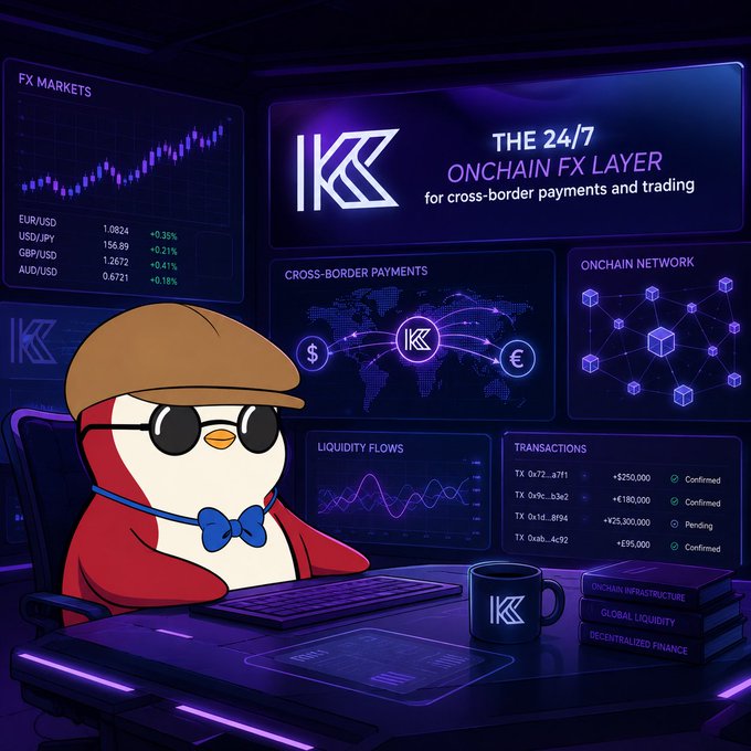 An illustration of a penguin wearing sunglasses and a bowtie at a computer desk with multiple screens displaying 'THE 24/7 ONCHAIN FX LAYER for cross-border payments and trading' along with FX market data and cross-border payment information.