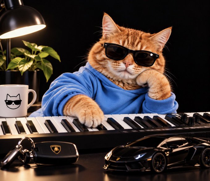 A stylized image shows an orange cat wearing sunglasses and a blue hoodie, posing at a piano keyboard alongside a Lamborghini car model, a Lamborghini key fob, and a coffee mug.