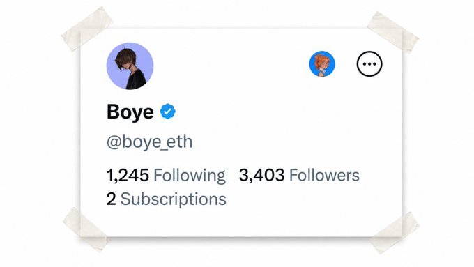 A profile card for 'Boye' (@boye_eth) showing 1,245 Following, 3,403 Followers, and 2 Subscriptions, taped to a surface.