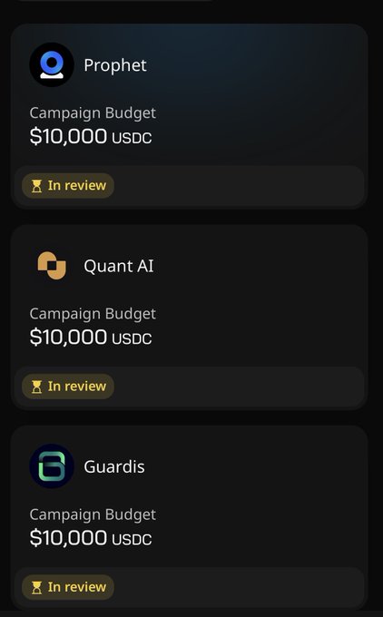 The image is a screenshot of a cell phone with three app tabs open side by side, each displaying different logos for various apps such as Prophet, Guardis, Campaign Budget, Quant AI, and others. The phones are positioned vertically, with their screens visible from top left to bottom right. The layout suggests that the user might be comparing or viewing multiple app options at once.