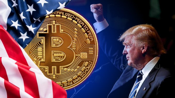 The image shows a gold Bitcoin coin next to a U.S. flag and a side profile of Donald Trump with his fist raised, with the text "CENTRALIZED · PEER TO PEER · FINE COPPER" visible on the coin, illustrating the legislative push for a U.S. Strategic Bitcoin Reserve.