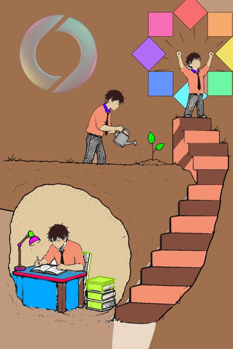A cartoon illustration depicting different career levels, showing figures studying underground, watering plants on ground level, and celebrating at the top of stairs, with a circular logo in the corner.