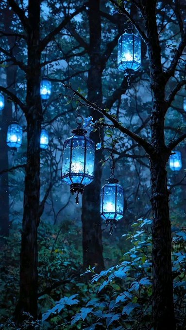 A mystical blue-toned forest scene at twilight with ornate glowing blue lanterns hanging from tree branches.