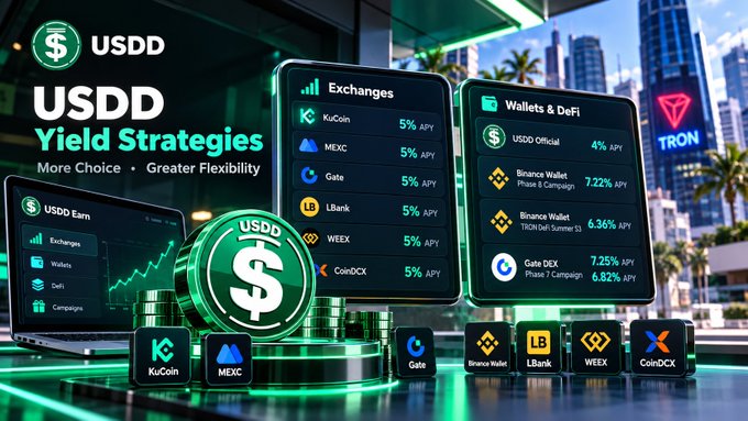 A cryptocurrency promotional graphic for "USDD Yield Strategies" showing various exchanges (KuCoin, MEXC, Gate, LBank, WEEX, CoinDCX), wallets, and DeFi platforms with their respective APY rates.