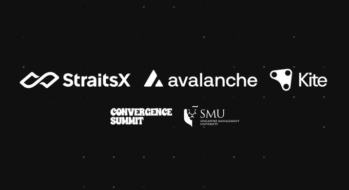 The image displays logos of partnering organizations—StraitsX, Avalanche (avax), Kite, Convergence Summit, and SMU (Singapore Management University)—on a black background, visually representing the collaboration announced in the post. The logos highlight the key entities teaming up to develop programmable payment infrastructure designed for autonomous AI agents rather than traditional consumer payment systems.