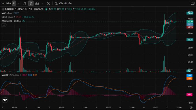 A TradingView financial chart displays the CRCLB / TetherUS cryptocurrency pair on Binance (1h timeframe) with Bollinger Bands and MACD indicators, showing current price at 71.23.