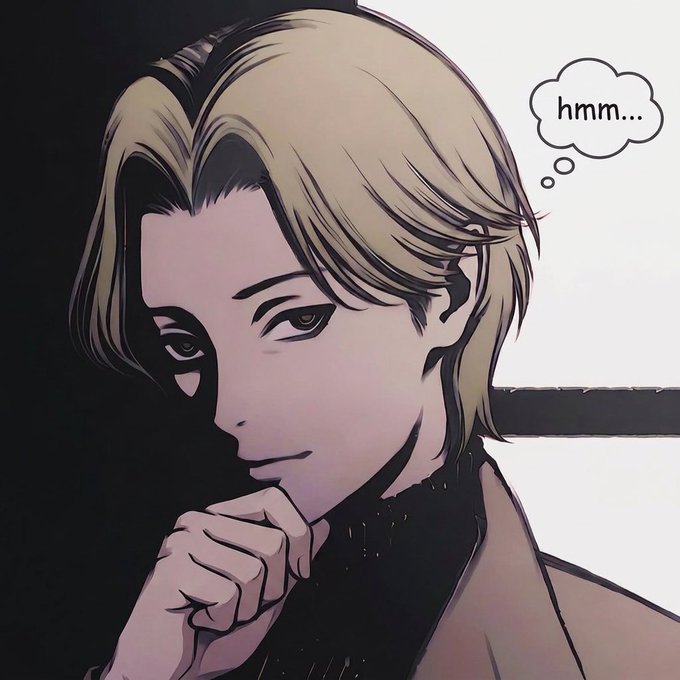 A black-and-white anime-style illustration of a blonde-haired character with a subtle smile, resting their chin on their hand with a thought bubble reading 'hmm...'.