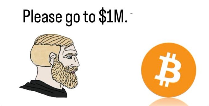 Meme illustration of a 'Nordic Gigachad' character with the text 'Please go to $1M.' next to an orange Bitcoin (₿) logo.